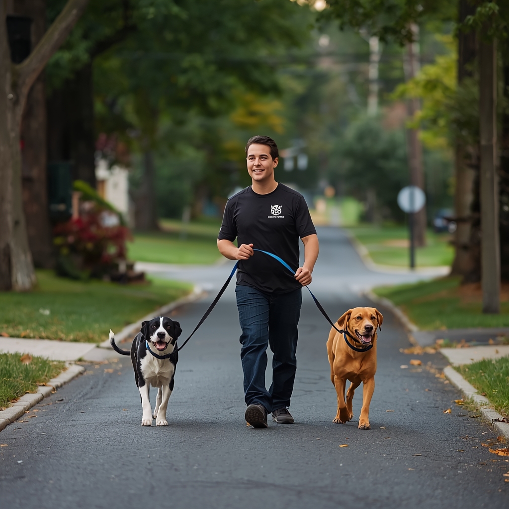 Professional dog trainer walking dogs in Somerset County neighborhood