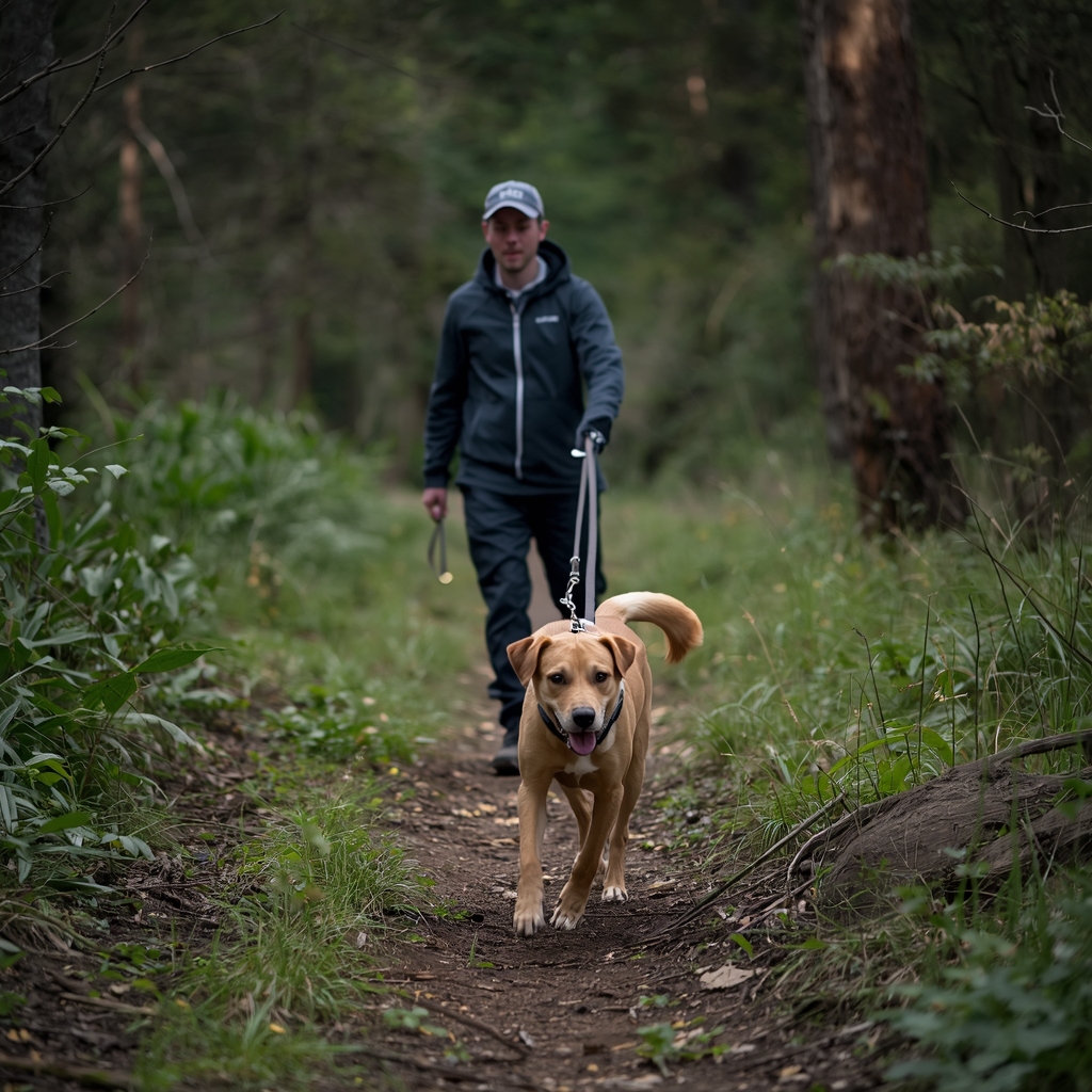Dog on forest trail walk