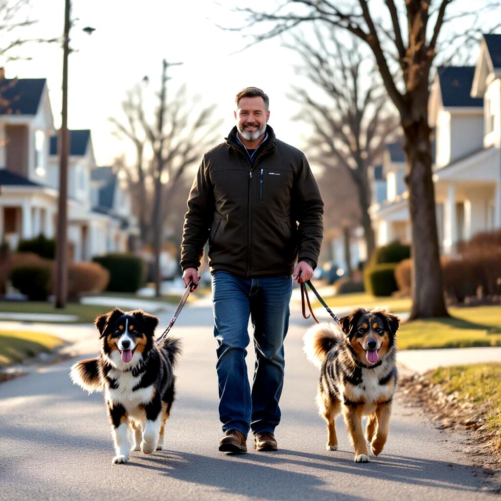 Professional dog walker on residential sidewalk
