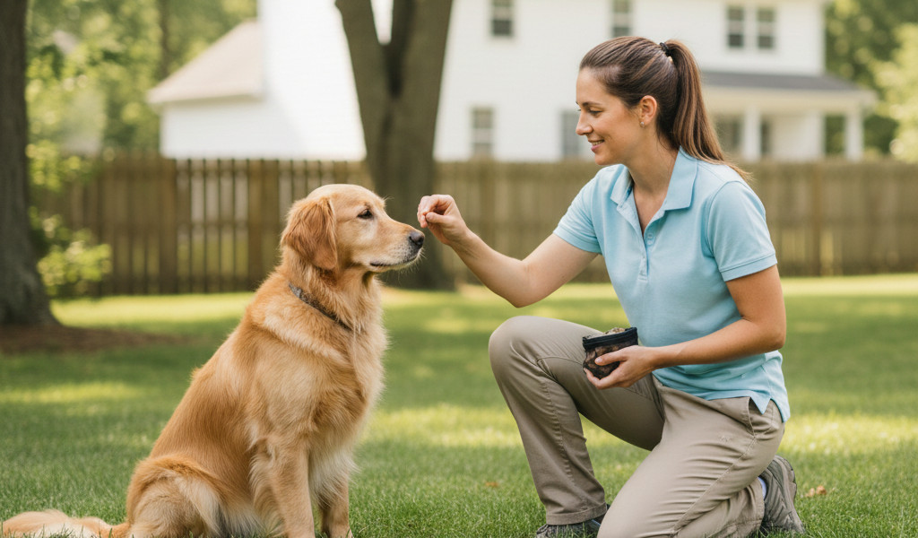 Trainer working with dog using positive reinforcement methods