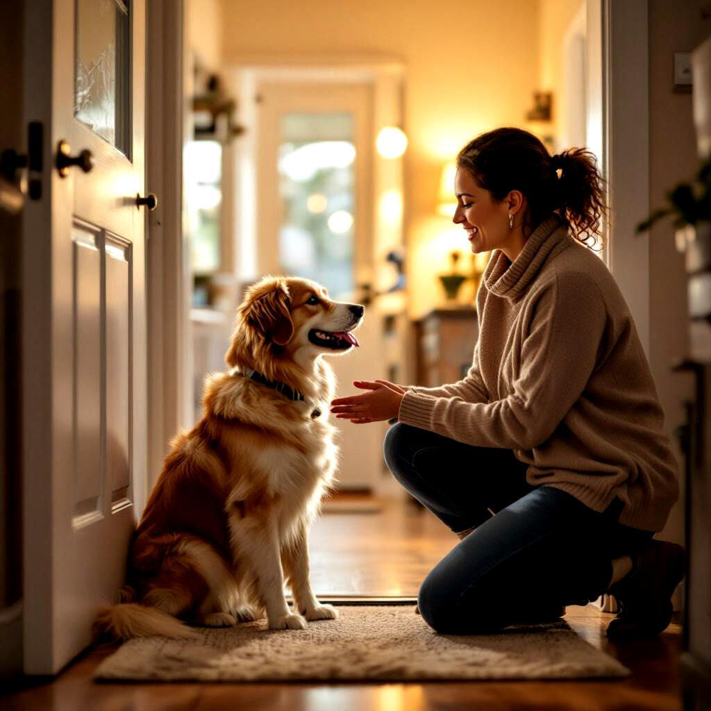 Pet caregiver greeting dog at home